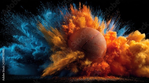 Basketball bursting through vibrant clouds of orange and blue powder pigment on a solid black background