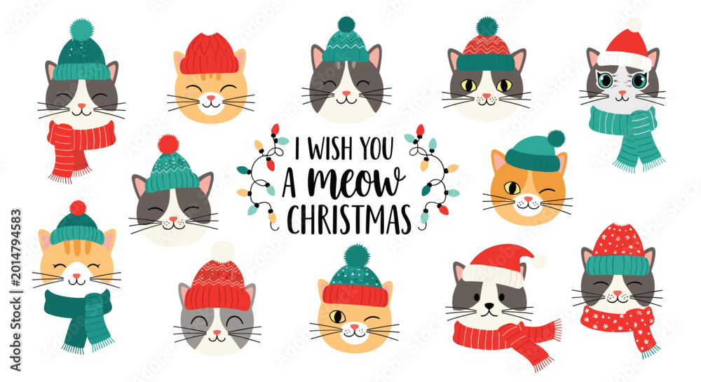 Fototapeta premium Funny meow Christmas greeting card featuring a collection of cute cats wearing colorful winter hats and scarves.