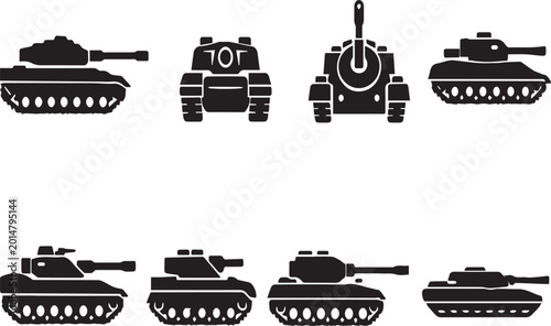 Konstfotografi Collection of Military Tank Silhouettes and Armored Vehicle Vector Icons for Gaming, War History Projects, Army Tactical Graphics, and Combat Equipment Illustrations in Black and White