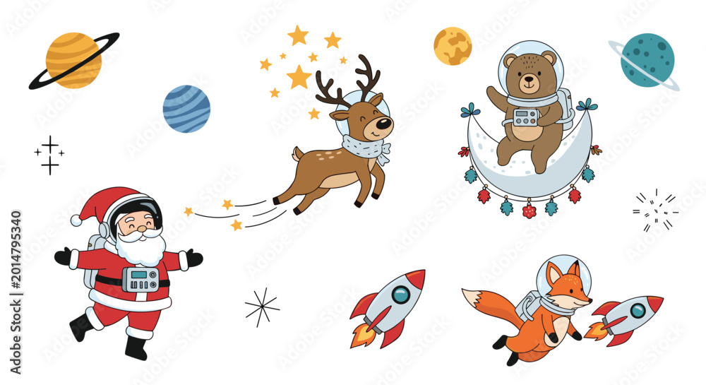 Naklejka premium Space Christmas themed collection featuring Santa and cute animals like a reindeer, bear, and fox in astronaut suits with rockets and planets.