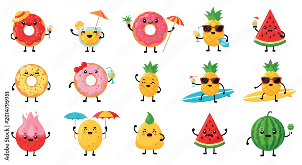 Obraz premium Cute summer food and fruit characters including donuts pineapples and watermelons with fun accessories for holiday party themes.