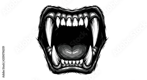 Fotografie Fierce Monster Mouth with Sharp Fangs, Open Jaw, Scary Teeth, Grayscale Illustra