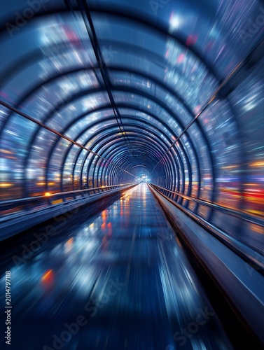 City Tunnel Dynamics: An abstract, high-speed perspective captures the essence of a modern urban tunnel, where lights blur into streaks of motion and reflections dance on the glossy surface.