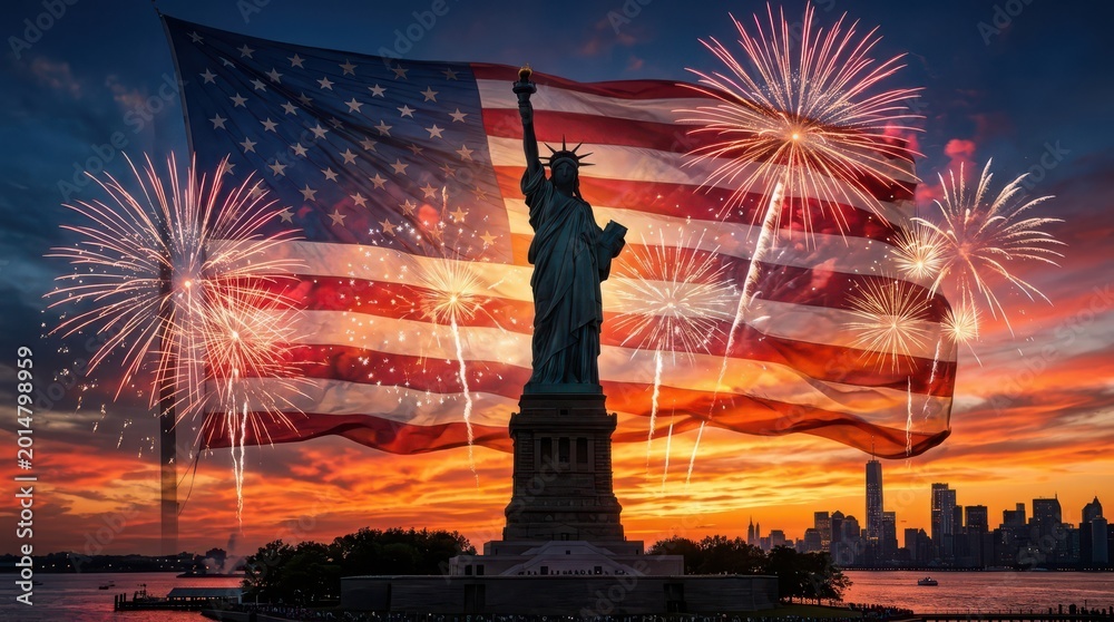 Fototapeta premium Flag day celebration statue of liberty with american flag and fireworks display in new york city