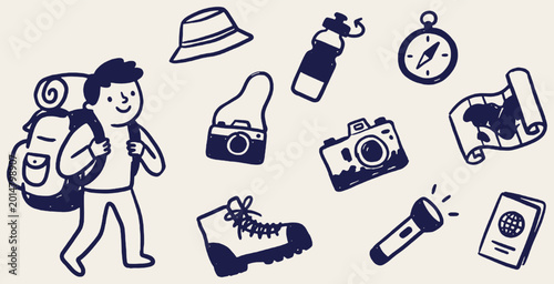 Fotografie Hand-drawn illustration of a backpacker with various travel and adventure gear, including a map, compass, camera, and passport