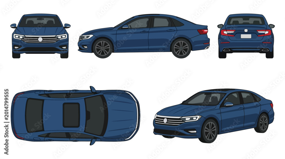 Fototapeta premium Blue Sedan Car Side Front Rear.