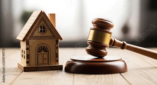 Wooden judge gavel and small house model on desk, real estate auction and property law concept, mortgage foreclosure and legal housing dispute
