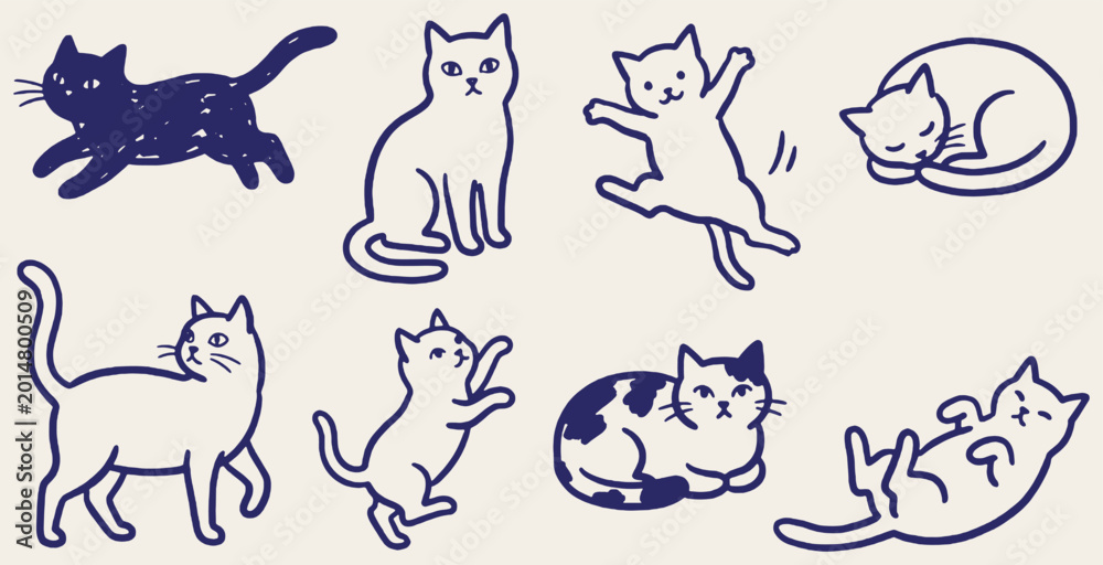 Obraz premium Collection of cute hand-drawn cat illustrations in various poses and styles.