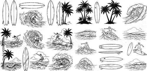 Set of black and white surfing icons with surfboards and palm trees