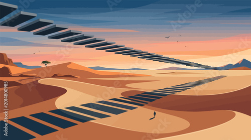 Cuadro en lienzo A man walks on a path of floating stairs across a vast desert landscape with sand dunes under a colorful sunset sky