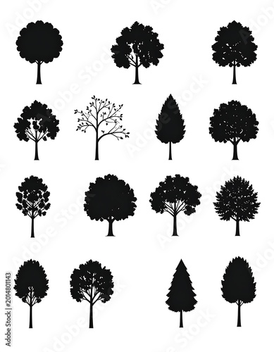 A collection of 14 tree silhouettes on a plain white background