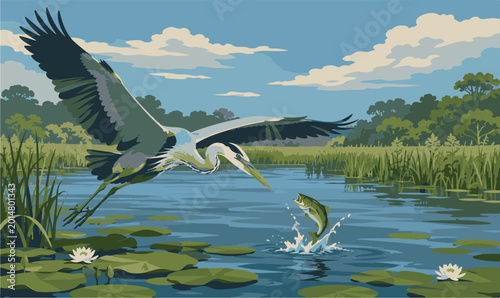 Photography Great Blue Heron Hunting a Jumping Bass Fish in a Serene Lake Marsh Vector Illus