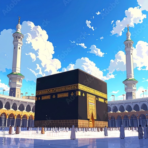 A majestic black cube with gold accents stands in a courtyard