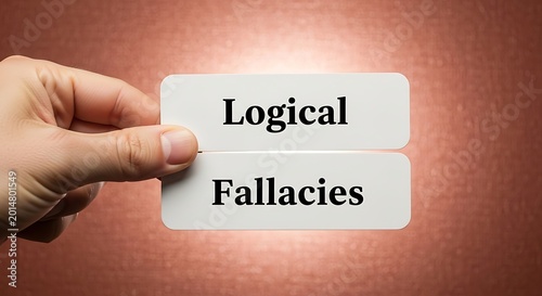 Logical Fallacies text on white cards held by hand, critical thinking and philosophy concept, cognitive bias and reasoning errors