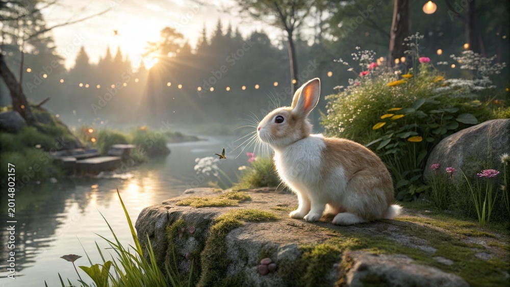 Obraz premium Majestic fantasy landscape of a fluffy rabbit sitting by a sparkling, sunlit magical garden lake.