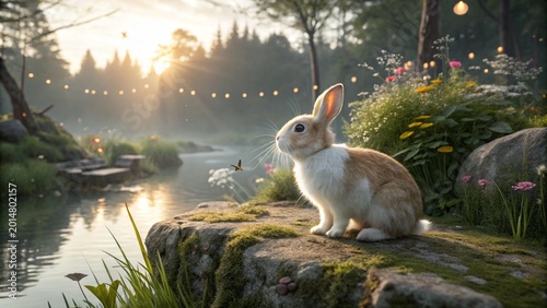 Majestic fantasy landscape of a fluffy rabbit sitting by a sparkling, sunlit magical garden lake.