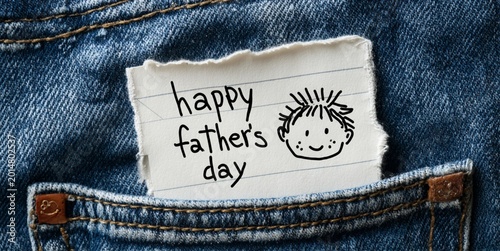 Happy fathers day note in denim pocket background for greeting card and social media post design.