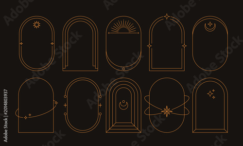Boho arch frames. Art deco golden line door and window  silhouettes with mystic celestial minimalist elements, geometric golden esoteric borders with simple magic oval arcs. Vector set