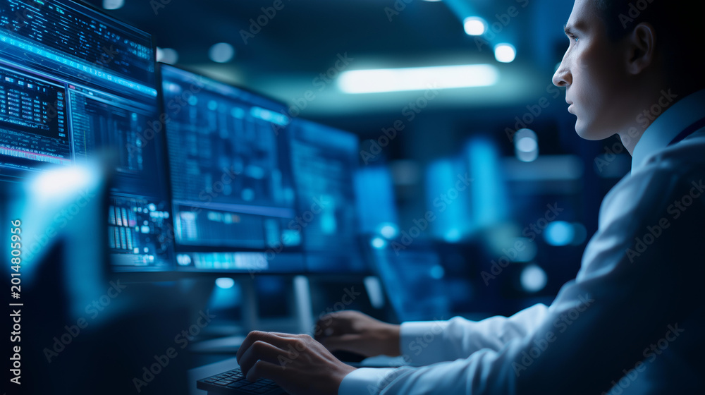 Fototapeta premium Faceless cybersecurity expert monitoring complex data streams on multiple screens in a dark control room. Defocused background. Complex data streams, multiple screens, dark