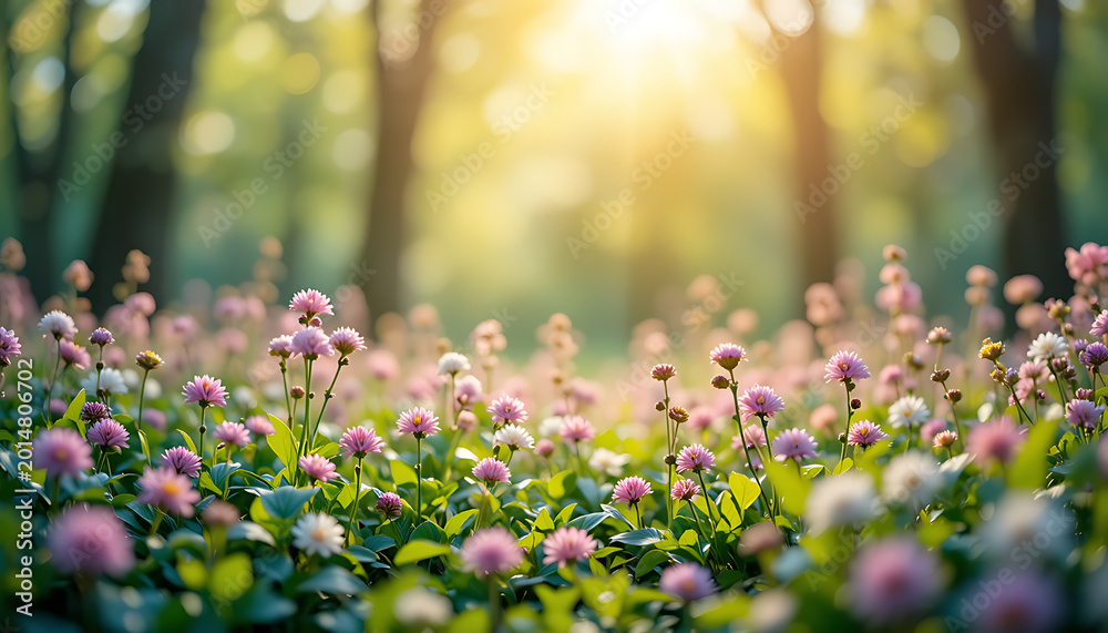 Fototapeta premium Pink and white wildflowers in a sunlit forest glade, trees in background, pink flowers white flowers