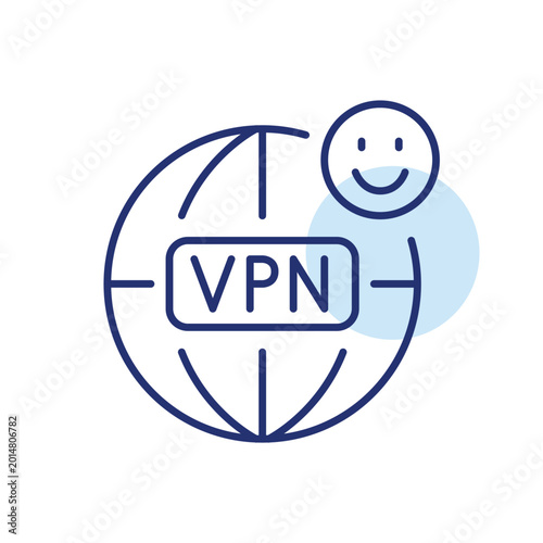 VPN, earth globe and smiley face. User-friendly interface, customer positive reviews for finances and banking. Approved and trusted accounts. Pixel perfect, editable stroke vector icon