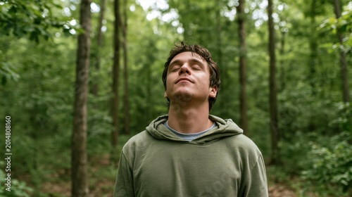 Young man with closed eyes inhales fresh air while relaxing in lush green forest setting.