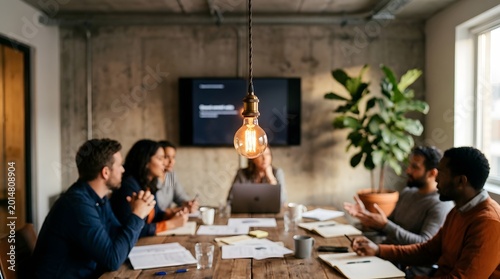 Diverse team in a modern office meeting room with a light bulb hanging above the table