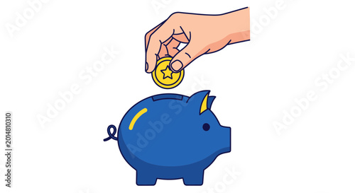 Quadro em tela Hand dropping coin into blue piggy bank for saving money, financial concept