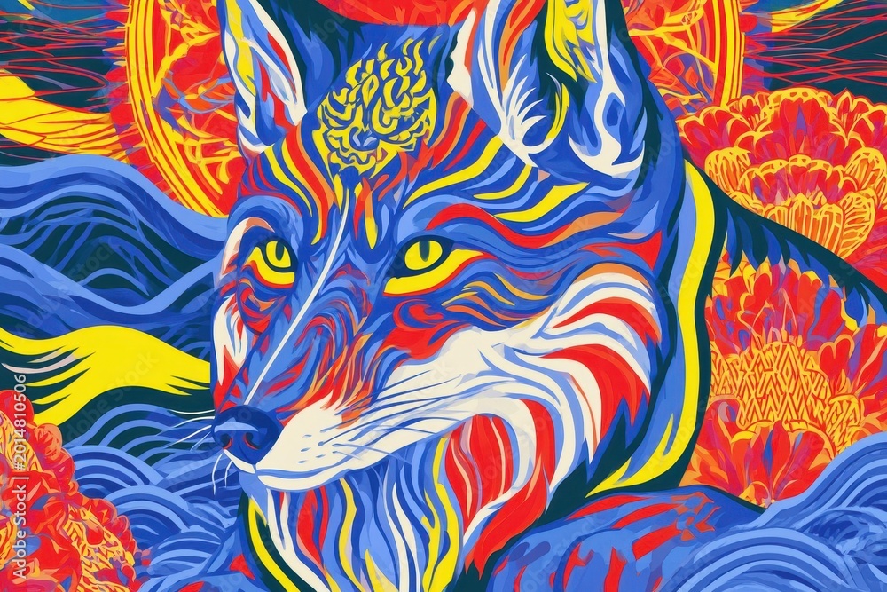 Fototapeta premium Vibrant Psychedelic Fox Illustration with Colorful Swirling Patterns a