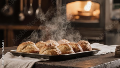 Freshly baked, golden-brown rolls steaming on a tray in a warm kitchen, oven in the background