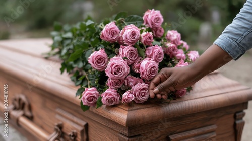 Close-up of a female hand placing pink roses on a polished wooden casket during a funeral service.