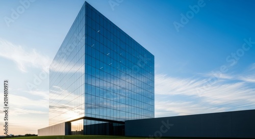 A sleek modern office building featuring a polished glass facade that reflects a clear blue sky and soft white clouds in a clean layout, transparent, panel, background