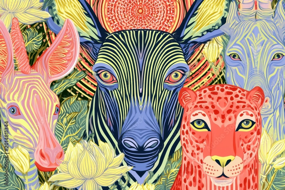 Fototapeta premium Vibrant Psychedelic Jungle Animal Portraits with Colorful Patterns and