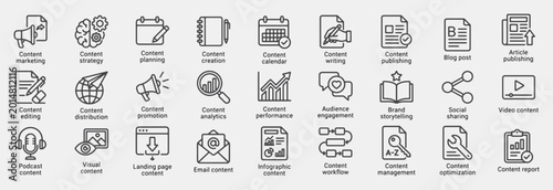 Content Marketing Line Icons Set for Content Strategy, Blogging, and Digital Marketing. Vector Pictograms of Content marketing, strategy, planning, creation, calendar, writing, workflow, editing, etc.