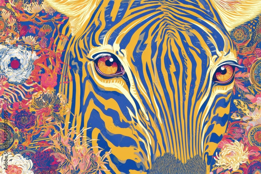 Fototapeta premium Vibrant Artistic Zebra Portrait with Colorful Floral Background and Ps
