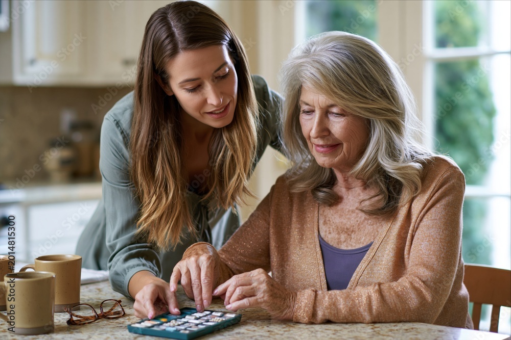 Fototapeta premium An adult daughter helps her elderly mother use a calculator at a kitchen table, symbolizing caregiving, family support, retirement planning, budgeting, and senior financial assistance.