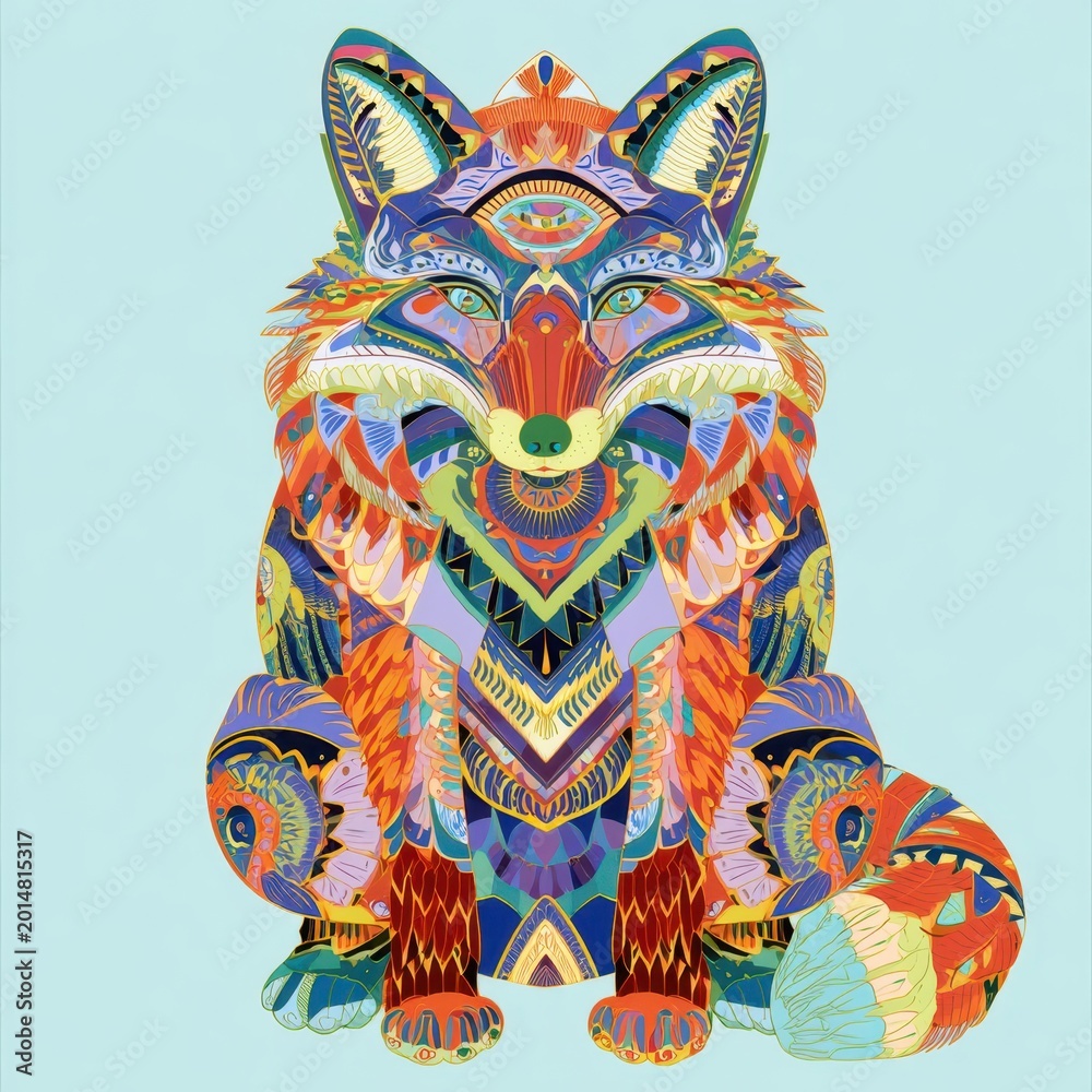 Fototapeta premium Colorful Psychedelic Fox Illustration with Intricate Mandala Patterns