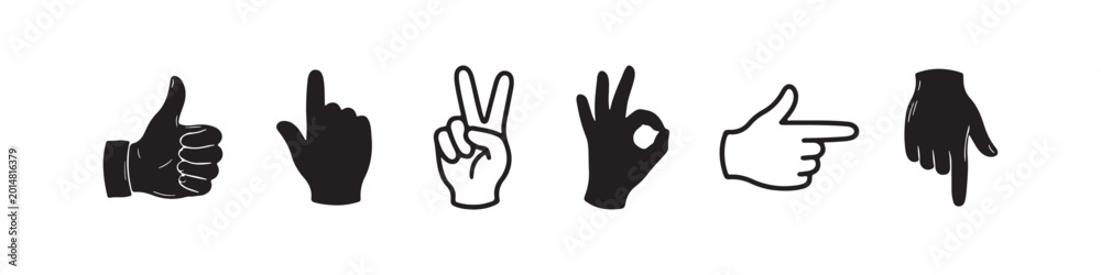 Fototapeta premium Vector icons of various hand gestures in a solid black silhouette and bold outline style. The set includes a pointing finger, an OK sign, a peace/victory sign, a thumbs up, a pointing hand, and a hand