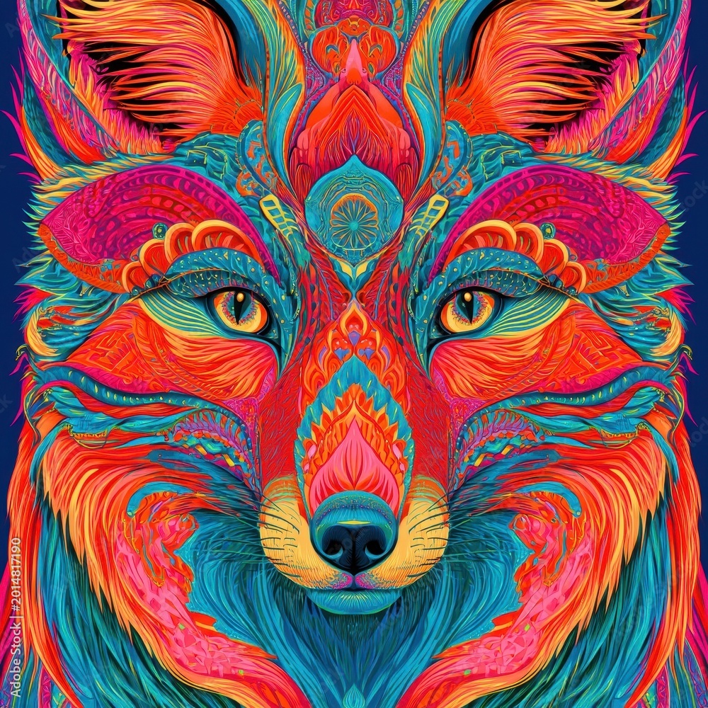 Fototapeta premium Vibrant Psychedelic Fox Portrait with Intricate Mandala Patterns and N