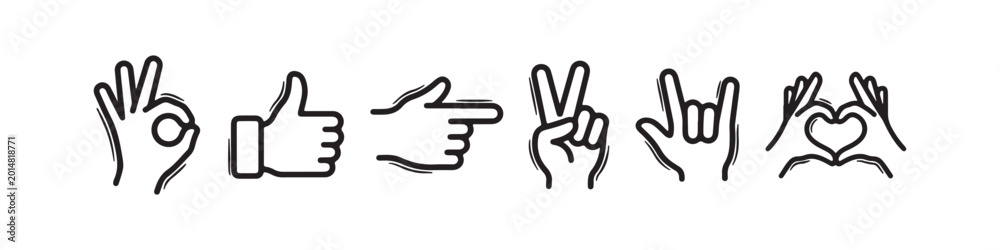 Obraz premium Vector icons of various hand gestures in a clean, hand-drawn outline style. The set includes a thumbs up, OK sign, pointing index finger, a pointing hand, a hand pointing downward, and a hand pointing