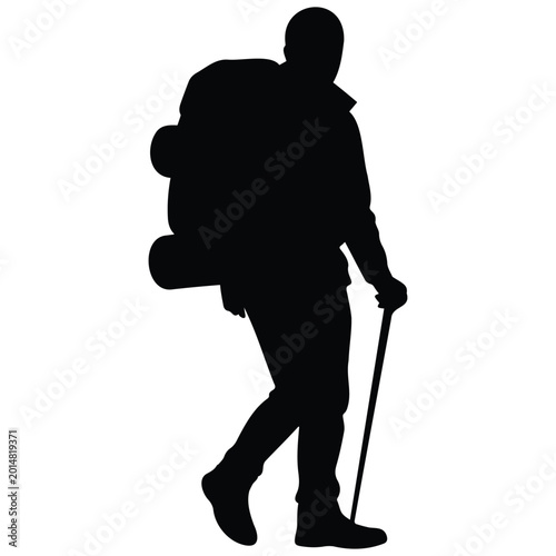 Tableau sur toile Hiker silhouette with backpack and walking stick vector illustration