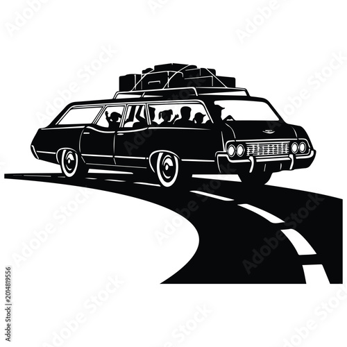 Billede på lærred Silhouette illustration of station wagon on road, vector line art