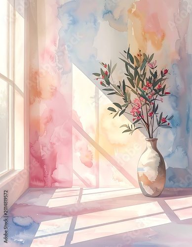 A serene room corner with a vase of flowers by the window