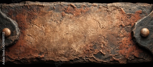 Weathered rectangular plaque with riveted end pieces and a rough, textured surface