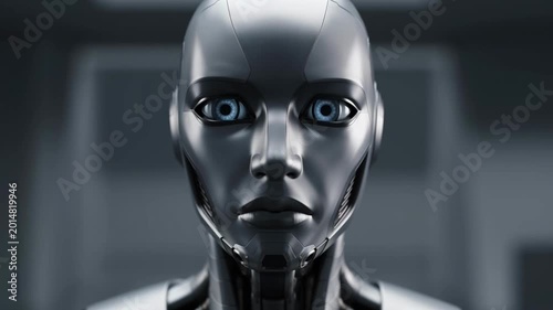 Close Up of Futuristic White Robot Face with Glowing Eyes and Artificial Intelligence Concept