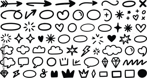 Hand drawn doodle sketch elements, arrow, star, heart shape, circle and cloud speech bubble brush decoration vector set