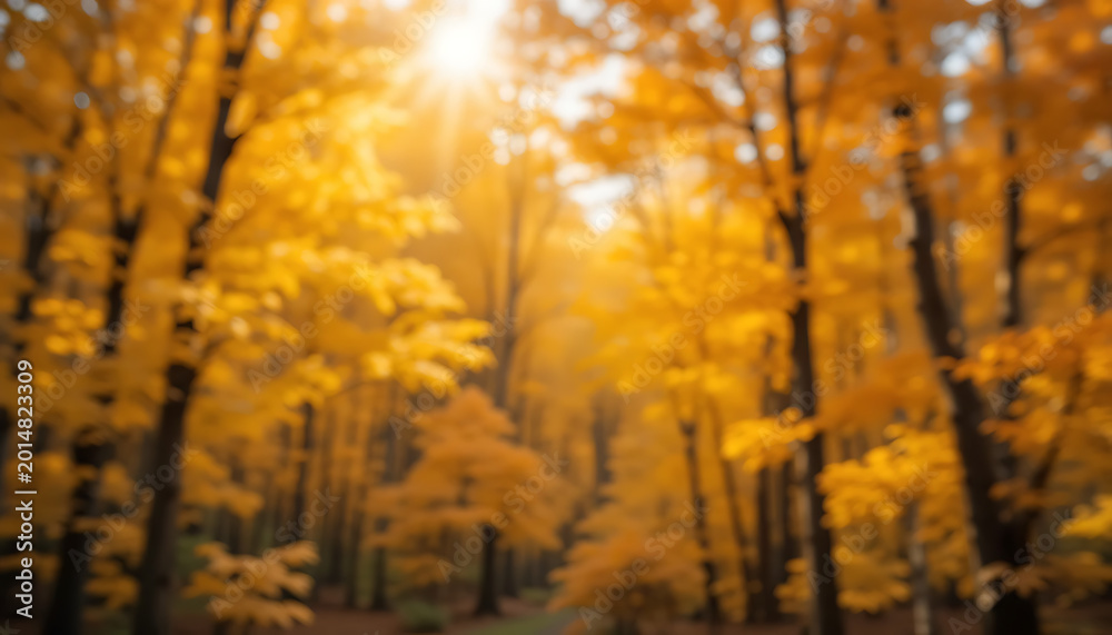Fototapeta premium Golden autumn forest, sunlit trees with yellow leaves