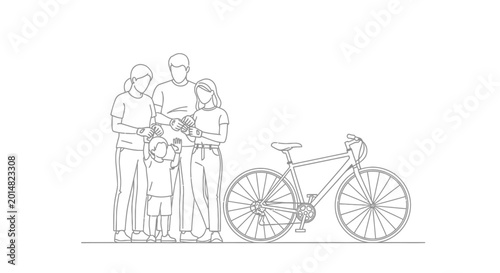 Family Posing Together with Bicycle, Line Art Illustration, White Background.