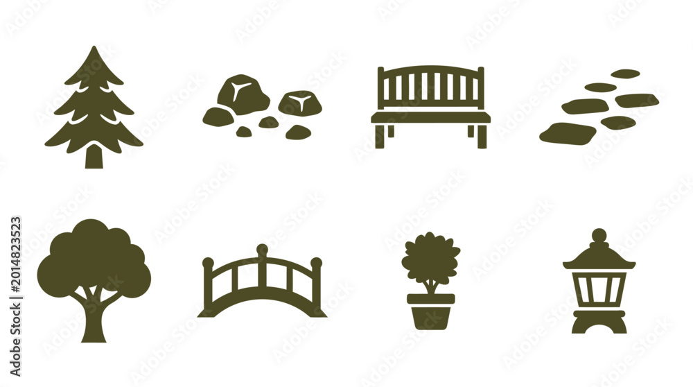 Naklejka premium Park Bench And Trees Silhouette Icons.