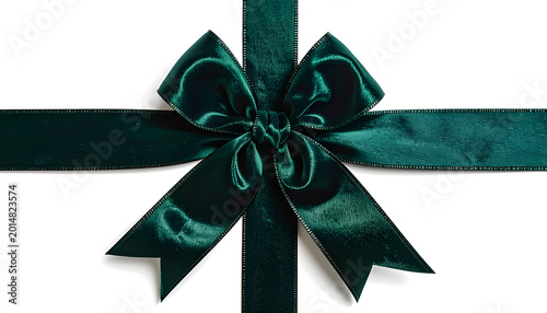 Elegant Dark Green Velvet Ribbon Bow on White Background.